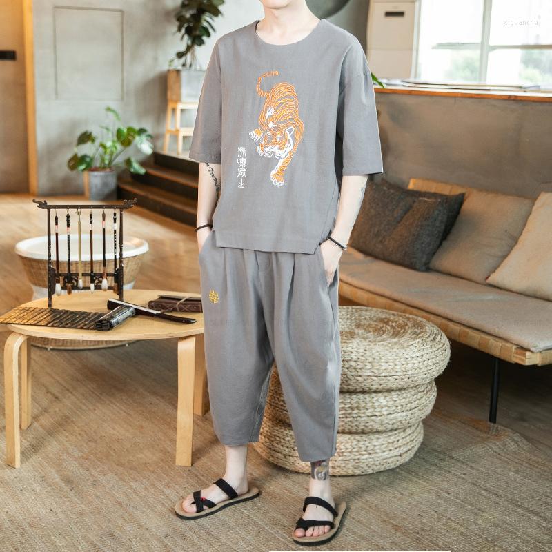 

Ethnic Clothing Retro Embroidery Cotton Linen Tang Suit Streetwear Chinese Style T-shirt Coat Tops Wide Leg Pants Trousers Uniform