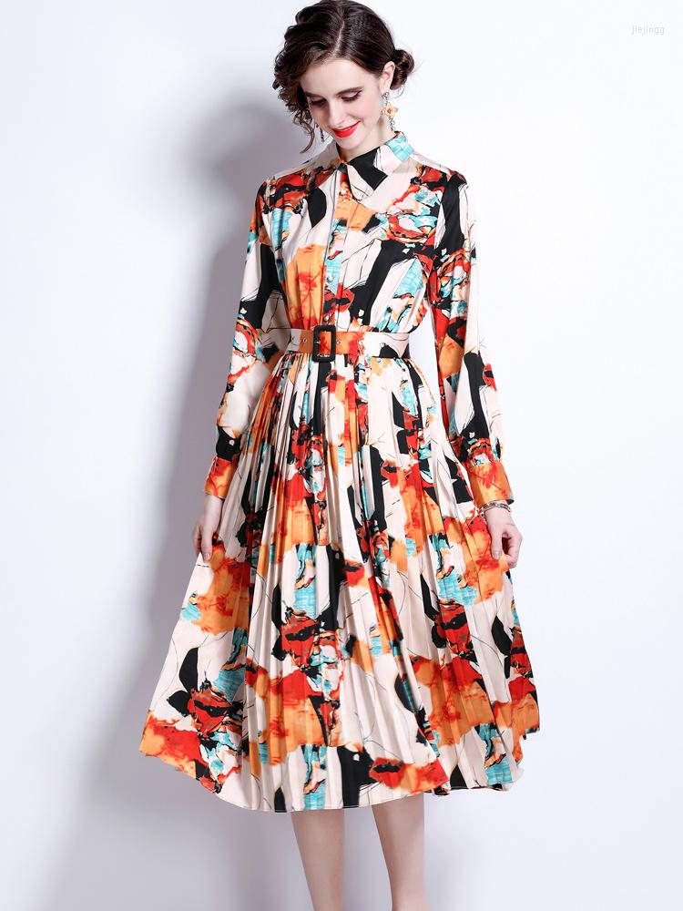 

Casual Dresses Runway Designer Elegant Women Single Breasted Print Midi Shirt Spring 2022 Fashion Long Sleeve Vestidos Lady, As pictures