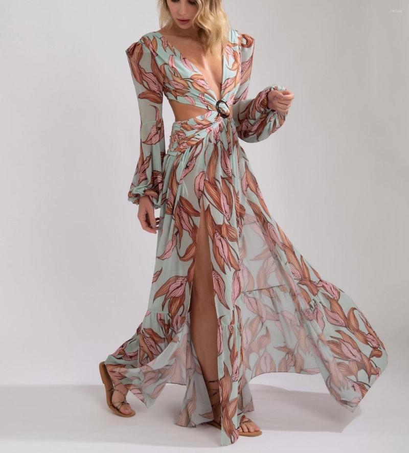 

Casual Dresses VAZN 2022 Spring Summer Latest Style Long Dress Sexy Holiday Retro Print Young Chiffon Sweet Women A-Line Maxi, Red