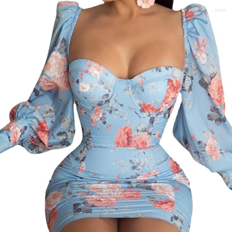 

Casual Dresses Fashion Floral Printed Wrapped Chest 2022 Summer Spring Women' Clothing Puff Sleeve Sheath Dress Mini Sexy