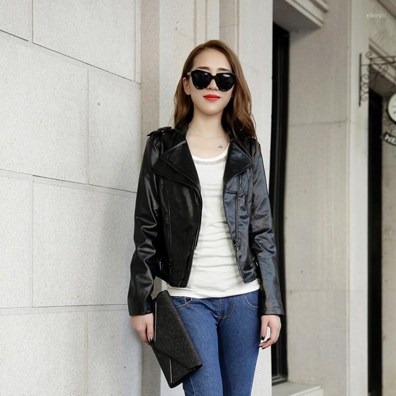 

Women' Leather Women Spring Autumn Faux Jackets Zipper Casual Coat Turn-down Collar Motor Biker Jacket Female PU Fashion Outerwear, Black