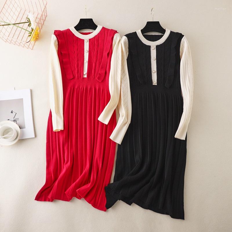 

Casual Dresses Ruffled Knit Long Sleeve O-neck Midi Sweater Dress Women Thick Autumn Winter Female Slim A-line Basic, Black
