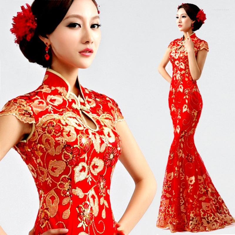 

Ethnic Clothing Modern Chinese Traditional Dress Long Cheongsam Red Xxxl Phoenix Plus Size Wedding Fishtail Lace In Sequin