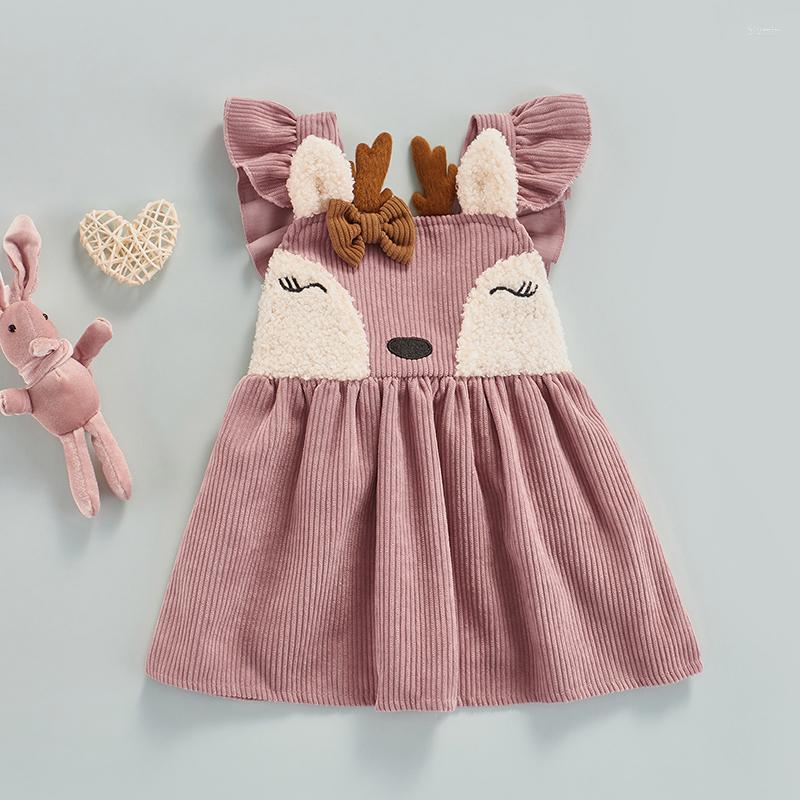 

Girl Dresses Baby Corduroy Dress With Cartoon Fawn Shape Bow Decoration Cute Warm Fall Sweet A-Line For 3-36Months 2022, Pink