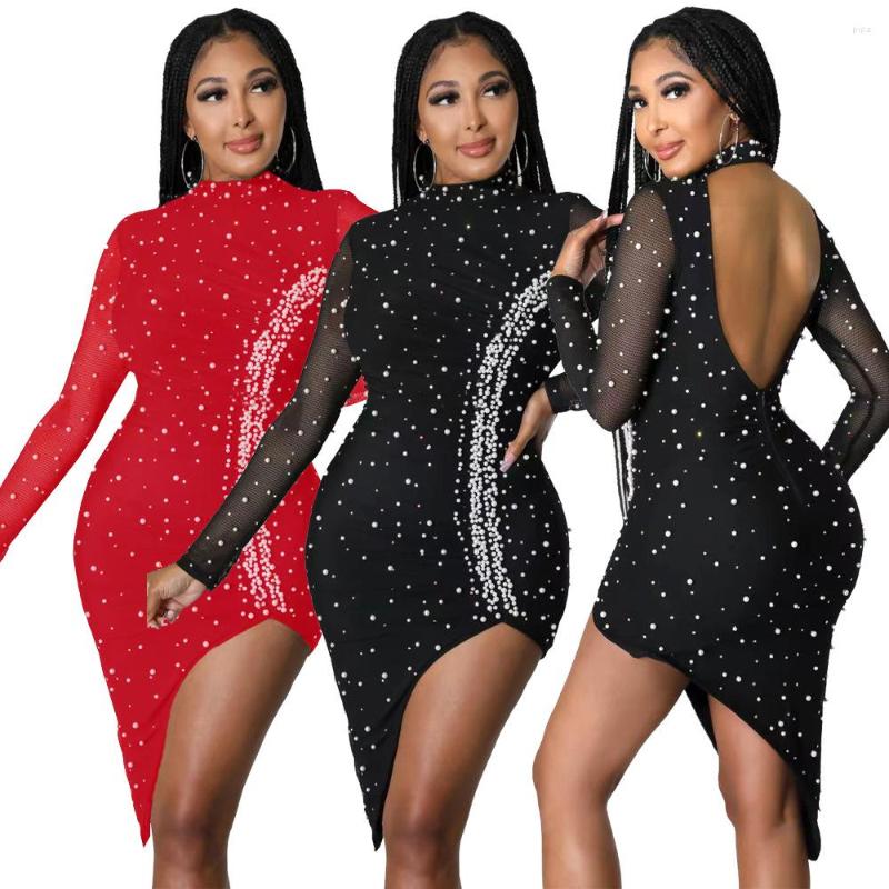 

Casual Dresses SKMY Women Clothing Fashion Sexy Mesh Perspective Irregular Bodycon Dress Beading Hollow Out Long Sleeve Solid Color, Red