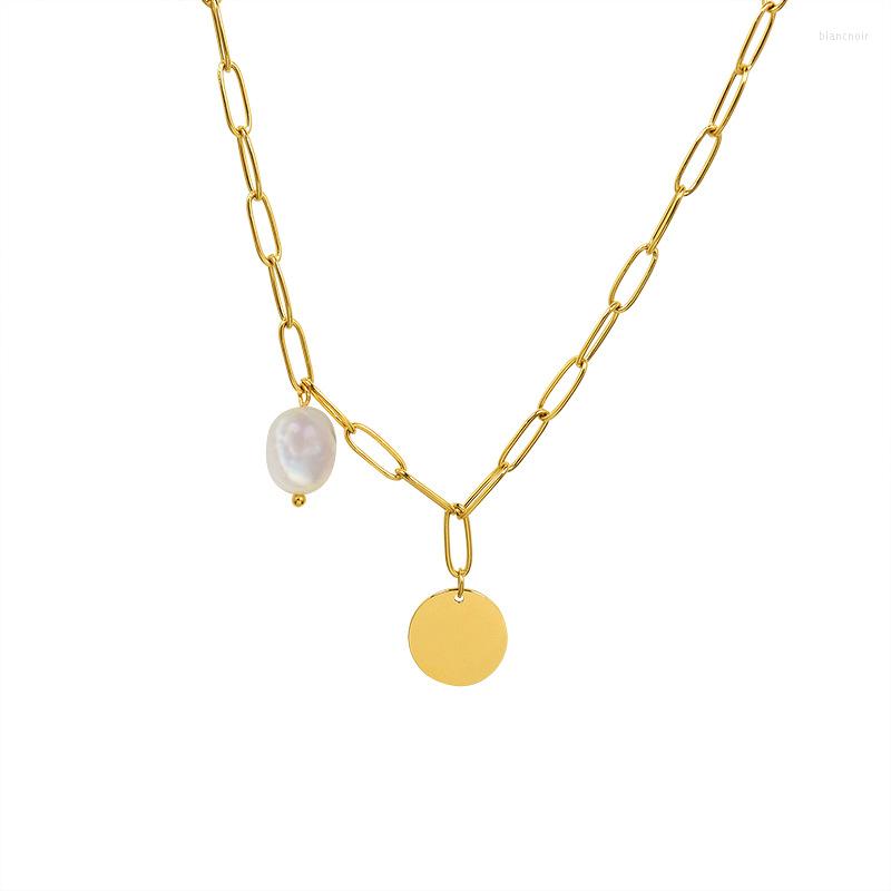 

Choker Fashion Round Disc Pendant Fresh Water Pearl Necklace Stainless Steel Link Chain Collar Jewelry Collier Femme