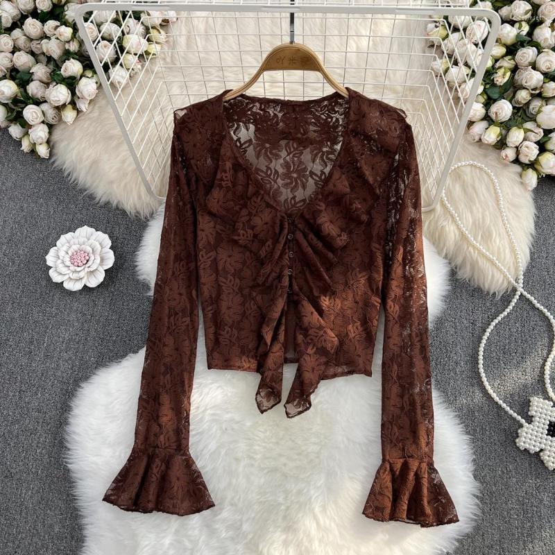 

Women's Blouses Korean Style Temperament V-neck Ruffled Trumpet Long-sleeved Lace Shirt Slim Fit And Thin Short Top, Black