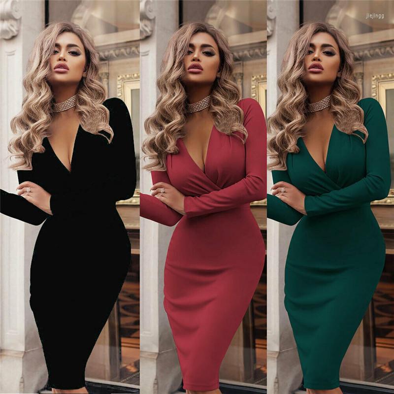 

Casual Dresses Summer Fashion Sexy Women Bandage Bodycon Office Ladies OL Long Sleeve V Neck Eveing Party Midi Dress, Beige