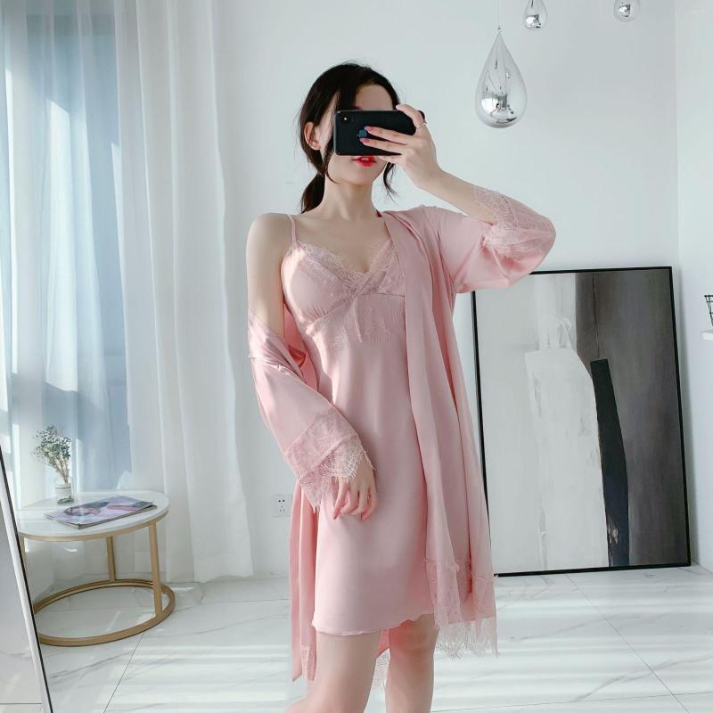 

Women's Sleepwear 2PCS Robe Sets Sexy Lace Kimono Gown Strap Nighty Femme Summer Sleepshirts Intimate Lingerie With Chestpads Bathrobe, Black