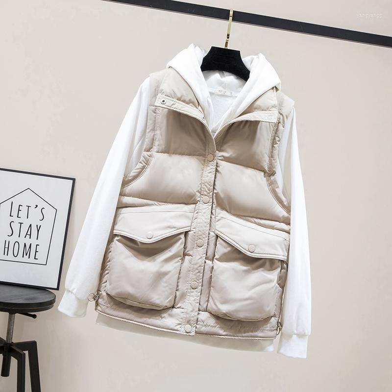 

Women's Vests Women's Shinny Sleeveless Jacket Autumn Winter Big Pockets Casual Puffer Vest Zipper Solid Plus Size Waistcoat For Female, Beige