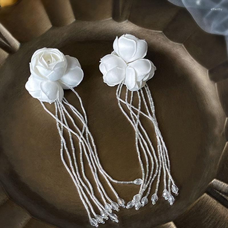

Backs Earrings Handmade Petal Beaded Tassel Ear Clip Bridal Jewelry Wedding Party For Women Fashion