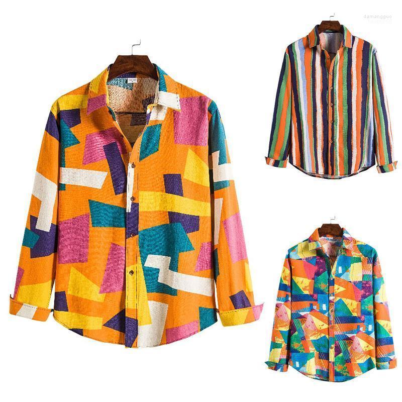 

Men' Casual Shirts Men' Mens Fashion Linen Ethnic Long Sleeve Printing Hawaiian Blouse Shirt Style Turndown Collar Button
