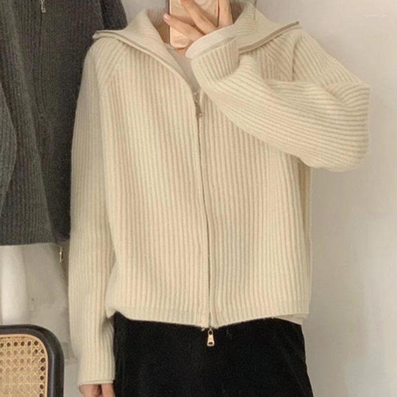 

Women's Knits Lucyever Casual Zipper Cardigan Sweaters Women 2022 Spring Korean Verticalstriped Blouses Woman Wild Solid Knitted Coat Mujer, Khaki