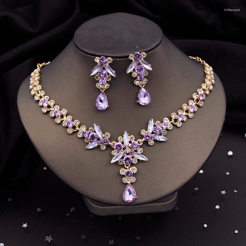 

Necklace Earrings Set Luxury Violets Crystal Bridal For Women Wedding Dress Bride Costume Accessories, Picture shown
