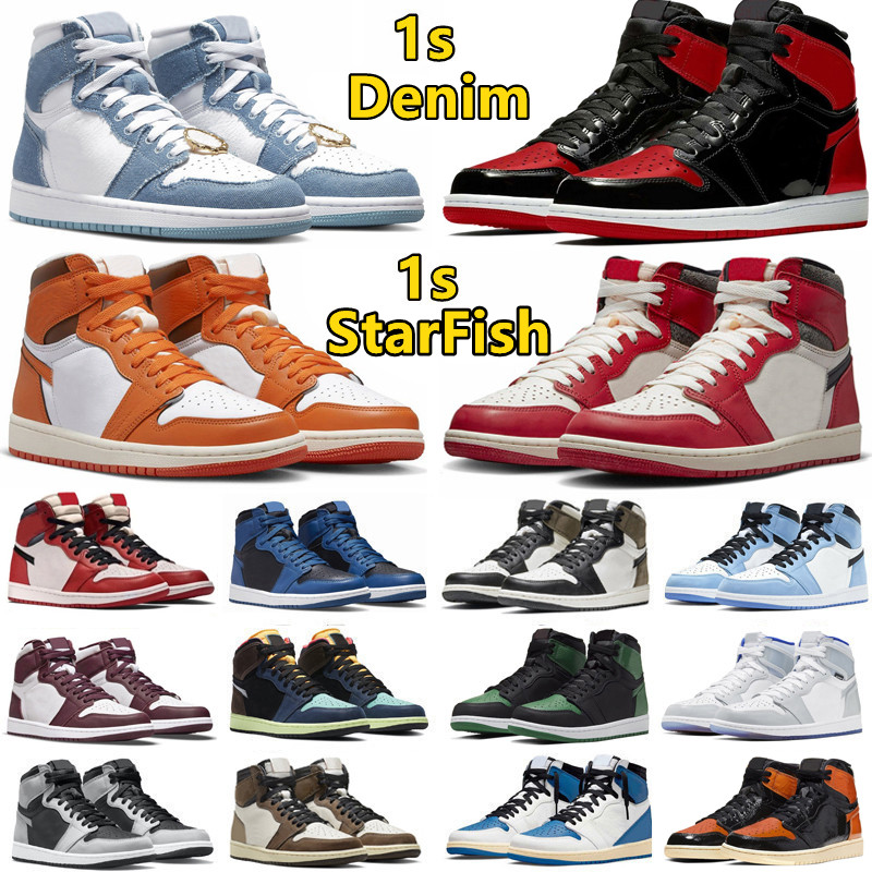 

1 1s Mens Basketball Shoes Bred Patent Unc Blue Dark Mocha StarFish Lost Found Denim Light Bone Shadow 2.0 Chicago Grey Fog Bio hack Men, Color#19