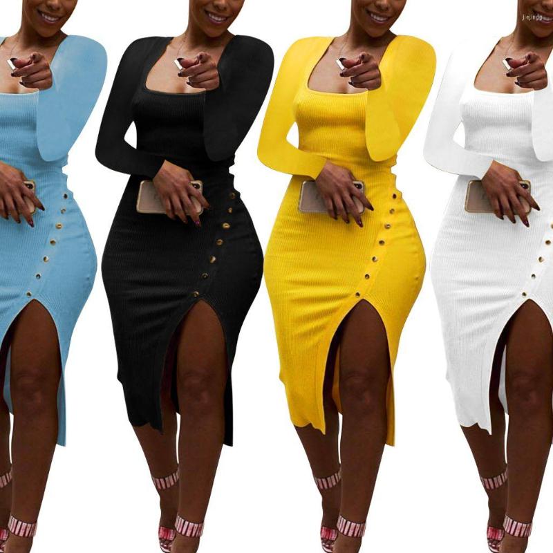 

Casual Dresses BKLD 2022 Autumn Elegant Office Ladies Square Collar Long Sleeve Ribbed Dress Fashion Backless Sexy Split Button Patchwork, Black