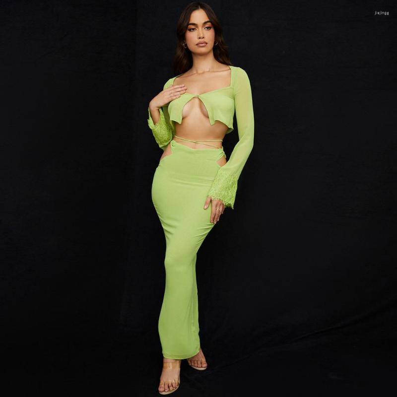 

Casual Dresses Nidanssi Chiffon Lace Square Collar Long Sleeve Dress Women's Sexy Hollow Out Two-piece Suit Elegant Party, Light green
