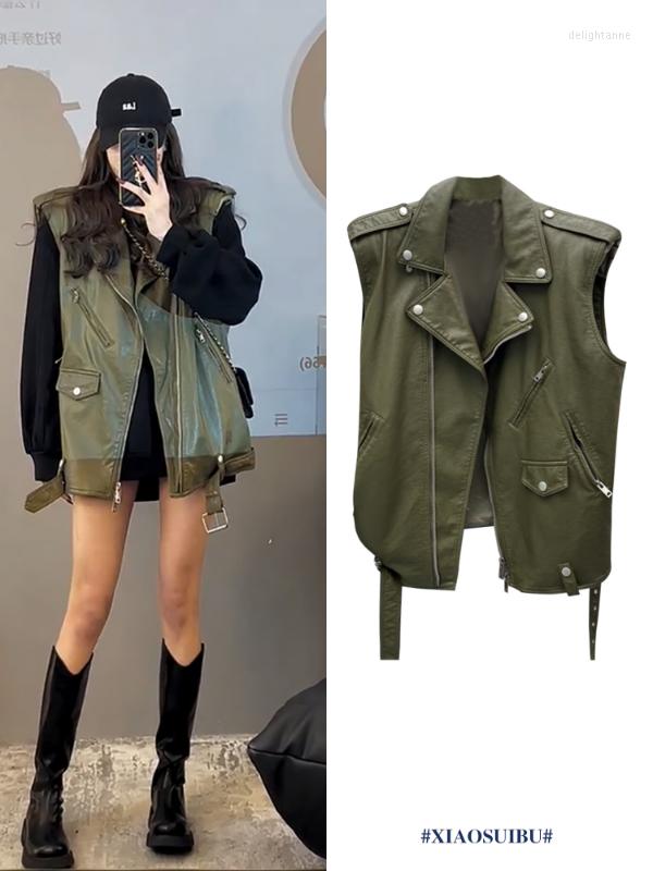 

Women' Vests Full Clothes Women 2022 High Street Fashion Motorcycle Leather Vest Coat Woman Sleeveless Jacket Green, Black