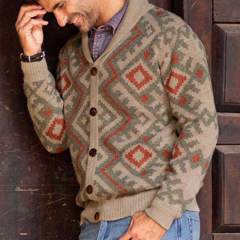 

Fall/winter Lapel Neck Jacquard Long Sleeve Knitted Cardigan Sweater, Khaki