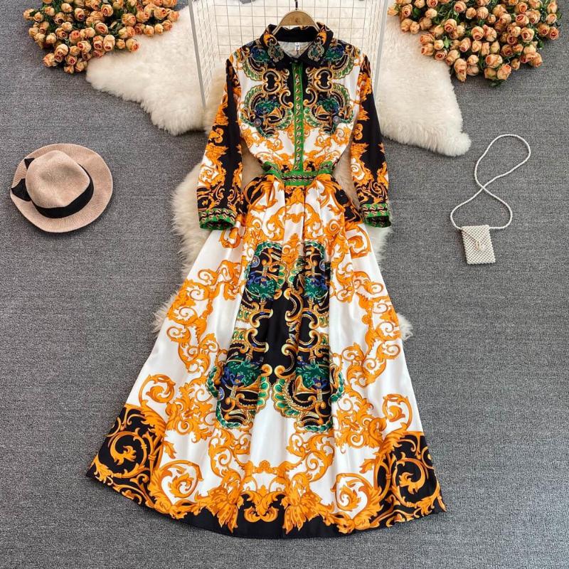

Casual Dresses Fashion Runway Floral Print Maxi Dress Shirt Women Lapel Golden Single Breasted Pleated Long Sleeve Female
