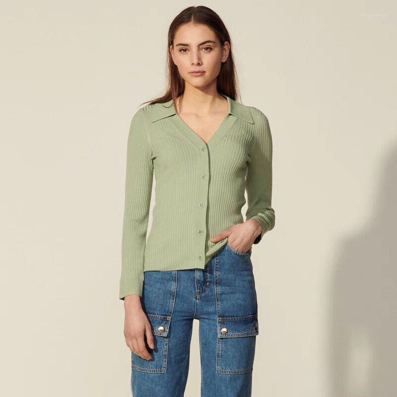 

Women' Knits Women' & Tees 2022 Spring And Summer French V-neck Single-breasted Long-sleeved Knitted Cardigan A00373, Light green