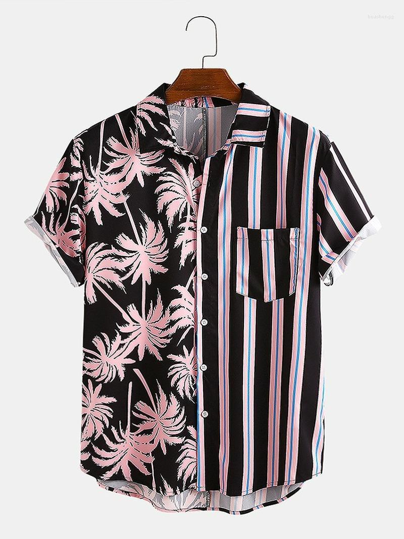 

Men' Casual Shirts Men' Men Clothing 2022 Summer Coconut Print Striped Stitching Holiday Shirt Short-sleeved Camisas Para Hombre, Pink