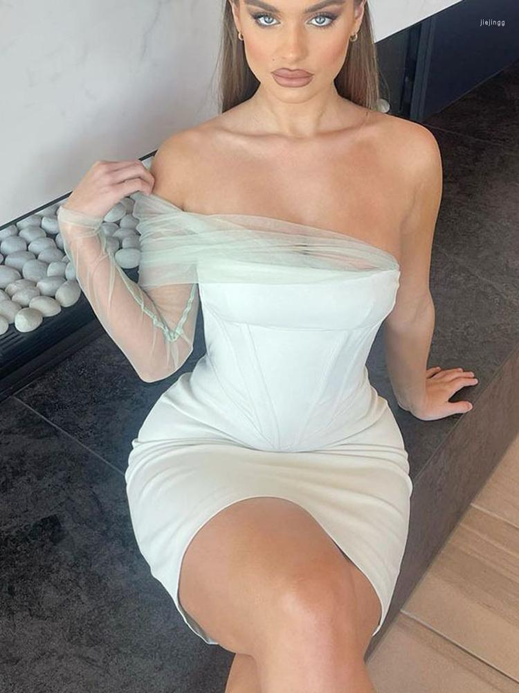 

Casual Dresses Avrilyaan Mesh One Shoulder Sexy Dress Women Fishbone Bodycon Backless Robes Mini Summer Elegant Party Vestidos, White