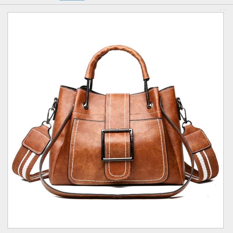 

Evening Bags Women Shoulder Messenger Handbag Korean Retro Bucket Wide StrapSolid Bag Vintage Interior Zipper Pocket, Brown