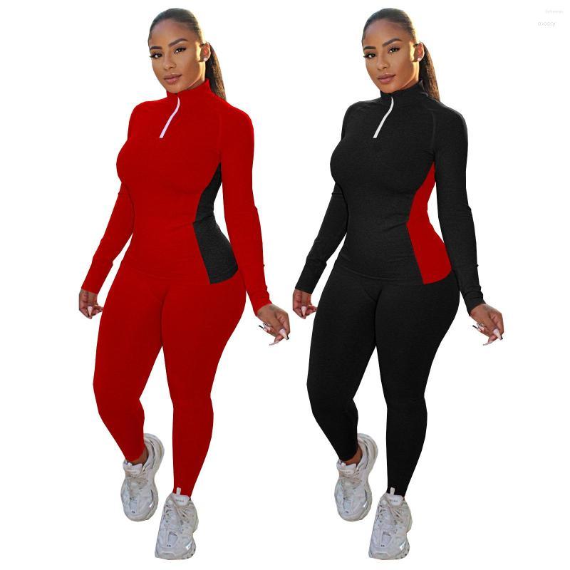

Women' Two Piece Pants Women' Zaggin 2022 Autumn Fashion Women Color-Block Sports 2-piece Sets Casual Ladies Zipper Turtleneck Full, Red