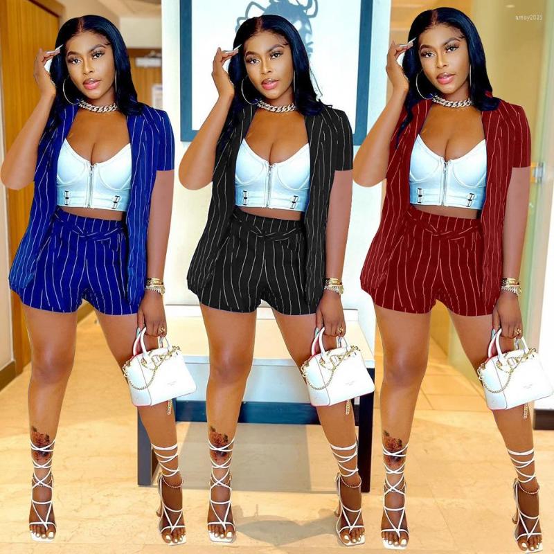

Women' Tracksuits DPSDE 2022 Fashion Bandage Stripe Print Short Blazer Jacket Casual Shorts Women Summer Two Piece Set, Black