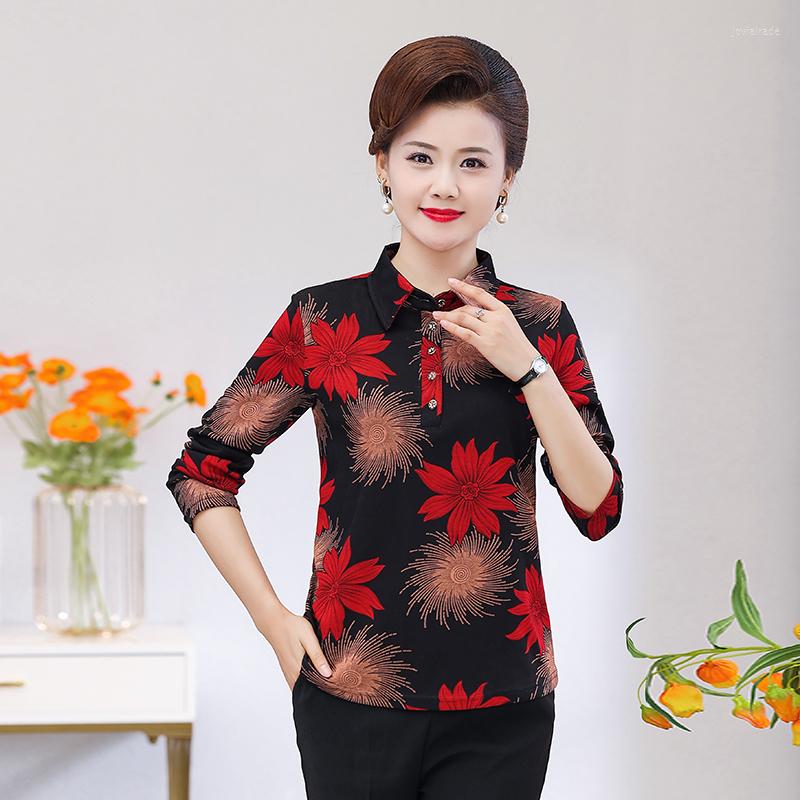 

Women's Blouses Mature Women Blouse Autumn Spring Flower Top Lady Long Sleeve Shirt Collar Mother Clothings, Gold