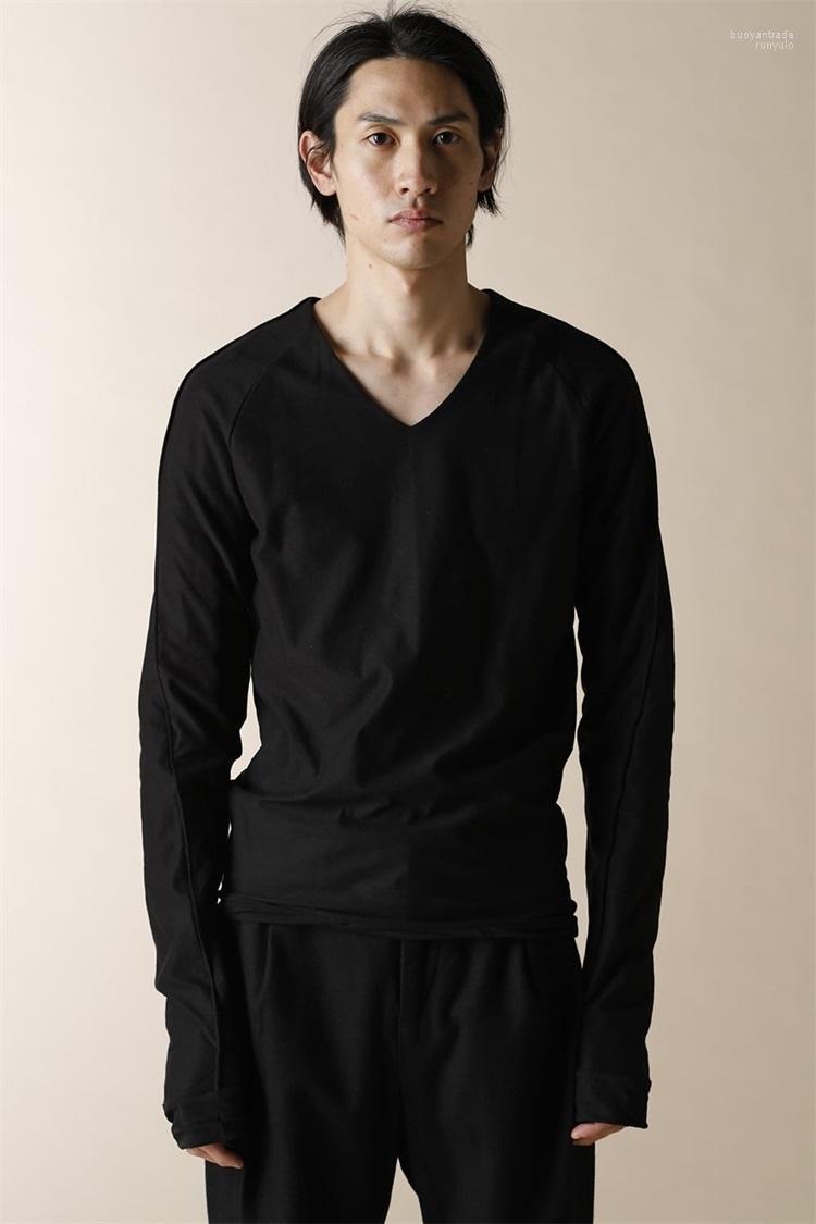 

Men's T Shirts Men's T-Shirts Sleeve Long T-Shirt Spring And Autumn V-Neck Dark Color Splicing Personalized Back Rope Youth Top Fashion, Black
