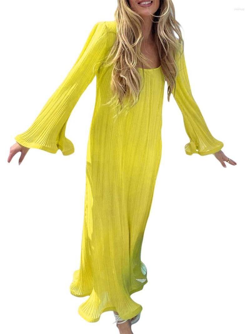 

Casual Dresses Women  Square Neck Pleated Flared Sleeve Long Dress Loose Flounce Hem A-Line Shift Cutout Flowy Swing Elegant Beach, Black