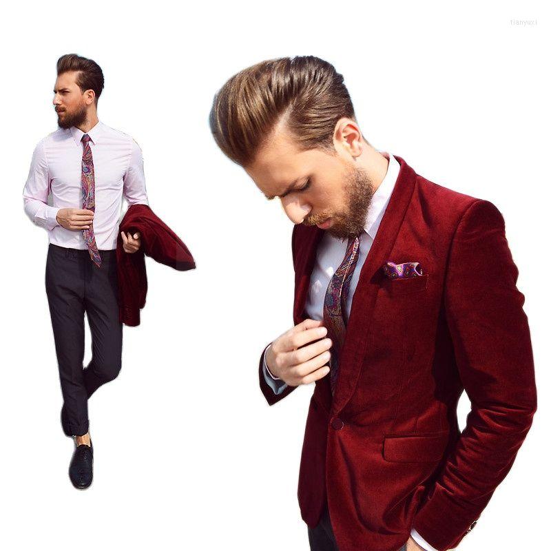 

Men' Suits Costume Homme Tailored Red Velvet Coat Pants Men Sets Custom Made Blazer Trousers Male Business Clothing 2Pcs Jacket, Gray