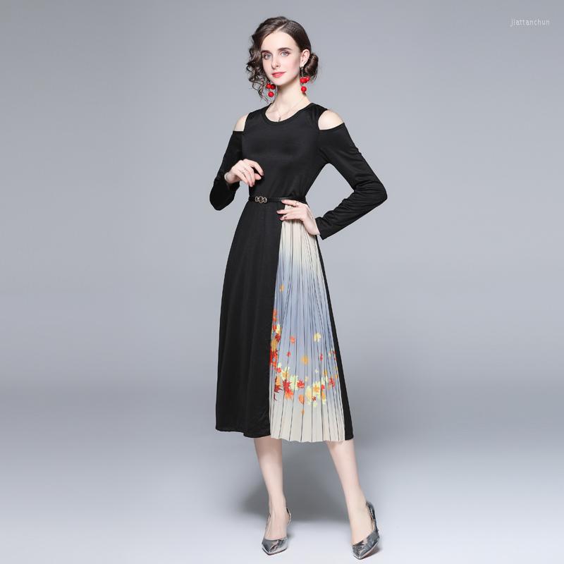 

Casual Dresses Banulin Autumn Winter Women's Clothing 2022 Runway O-Neck Cool Shoulder Long Sleeve Patchwork Printing Party Dress Robe, Black