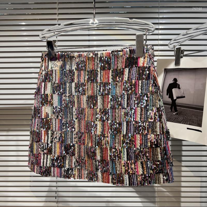 

Skirts PREPOMP 2022 Autumn Arrivals Sequins Colorful Striped Tweed Short Bodycon Skirt Women GG795, Color
