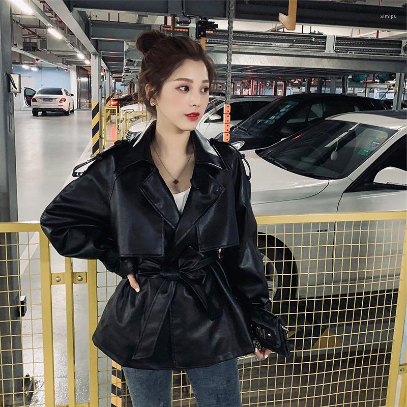 

Women' Leather Coat Women' Spring Autumn PU Korean Oversize Female Jacket Clothes Windbreaker 2022 PH099.2, Black