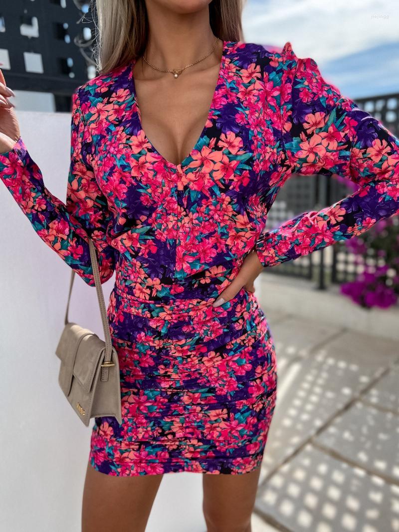 

Casual Dresses Spring Summer Long Sleeve V-Neck Print Pack Hip Pleated Body Dress Sexy Mini Women 2022 Y2k Vestido