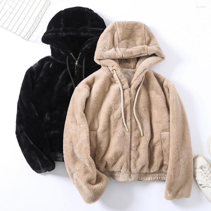 

Women's Fur 2022 Winter Solid Faux Coat With Hood Pockets Long Sleeve Fluffy Jacket Women Casual Oversize Plush, Black