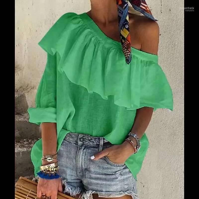 

Women' T Shirts Women' T-Shirt 2022 Summer Sexy Off Shoulder Solid Color Cotton Linen Women Elegant Ruffle Long Sleeve Skew Neck, Blue