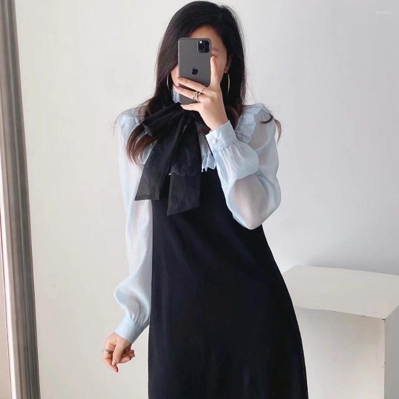 

Casual Dresses XIKOM Spring For Women 2022 Patchwork Sweater Dress Bow Long Sleeve Mini, Picture shown