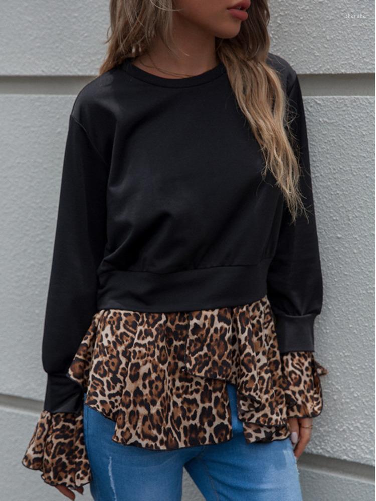 

Women' Blouses DGIRL 2022 Women Top Autumn Round Neck Blouse Black Patchwork Leopard Long Sleeve T-shirt