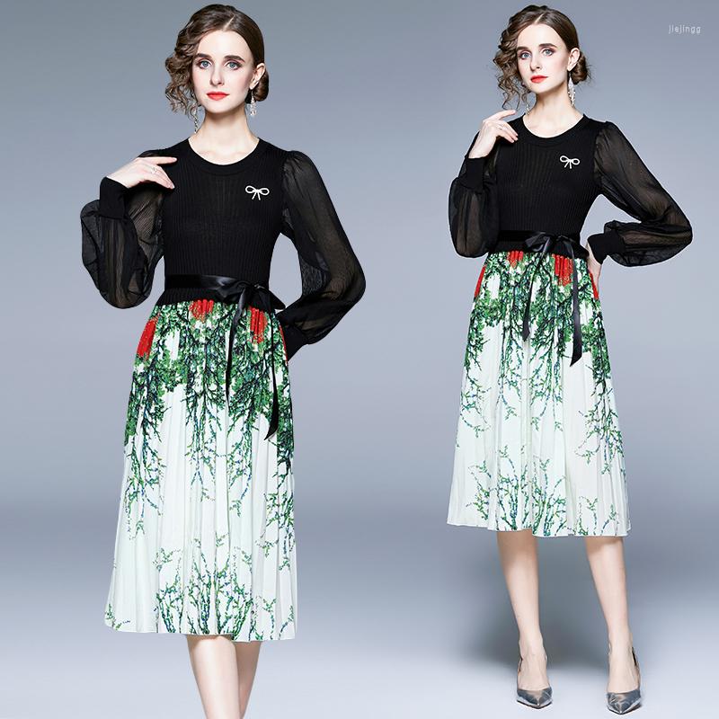 

Casual Dresses Women' High-end Quality In Autumn And Winter French Round Neck Long Sleeve Lace Up Mesh Bow Knit Printed Fashionable, Picture color