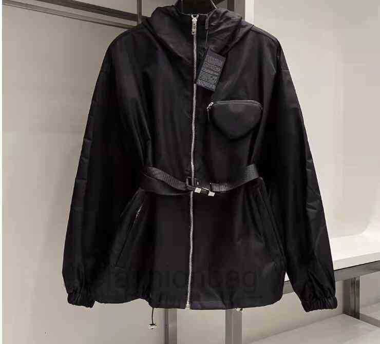 

Color Fashion 00Women's jacket spring new hooded zipper nylon fabric coat with belt triangle bag trench coat trend, Black