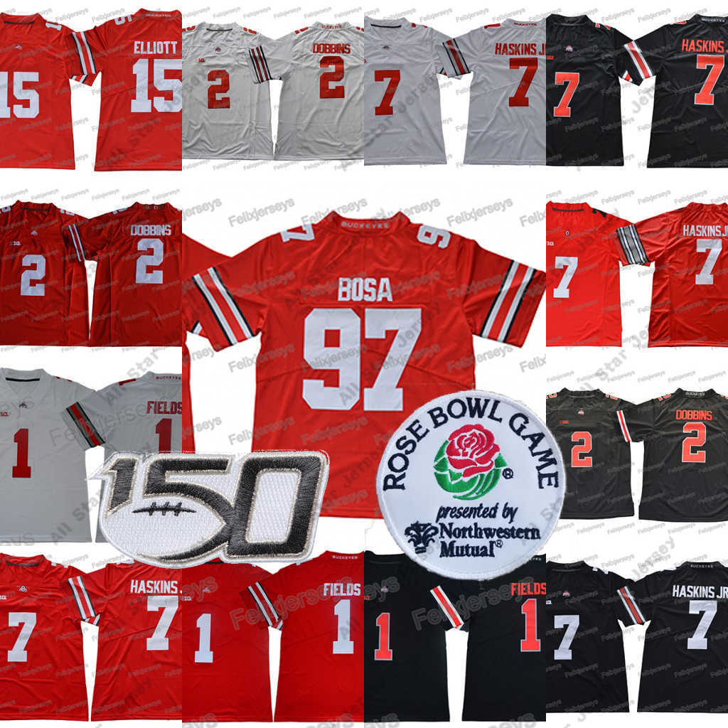 

American College Football Wear 2019 Ohio State Buckeyes #97 Nick Bosa #1 Justin Fields JK Dobbins #15 Elliott Dwayne Haskins Jr. OSU Rose Bowl NCAA 150TH Jersey, As pic