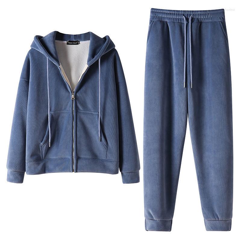 

Women's Two Piece Pants PNEIME Women Loose Casual Sports Suit Fleece Thickened Woman Student Hoodie Sweatpants Solid Color Fashion Cardigan, Black
