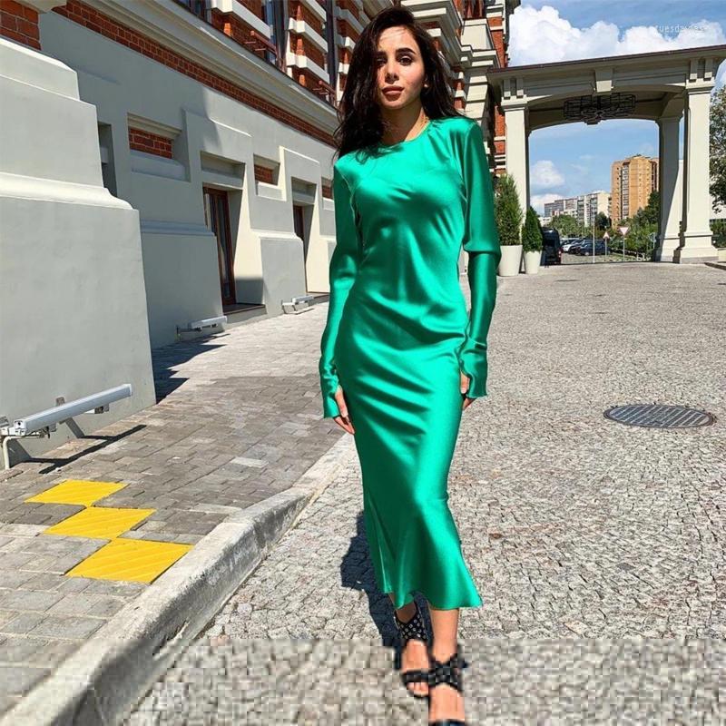 

Casual Dresses Sexy Satin Solid Color Slim Mid Dress Women O-neck Long Sleeve Elegant Party 2022 Vintage Fashion Streetwear Vestido