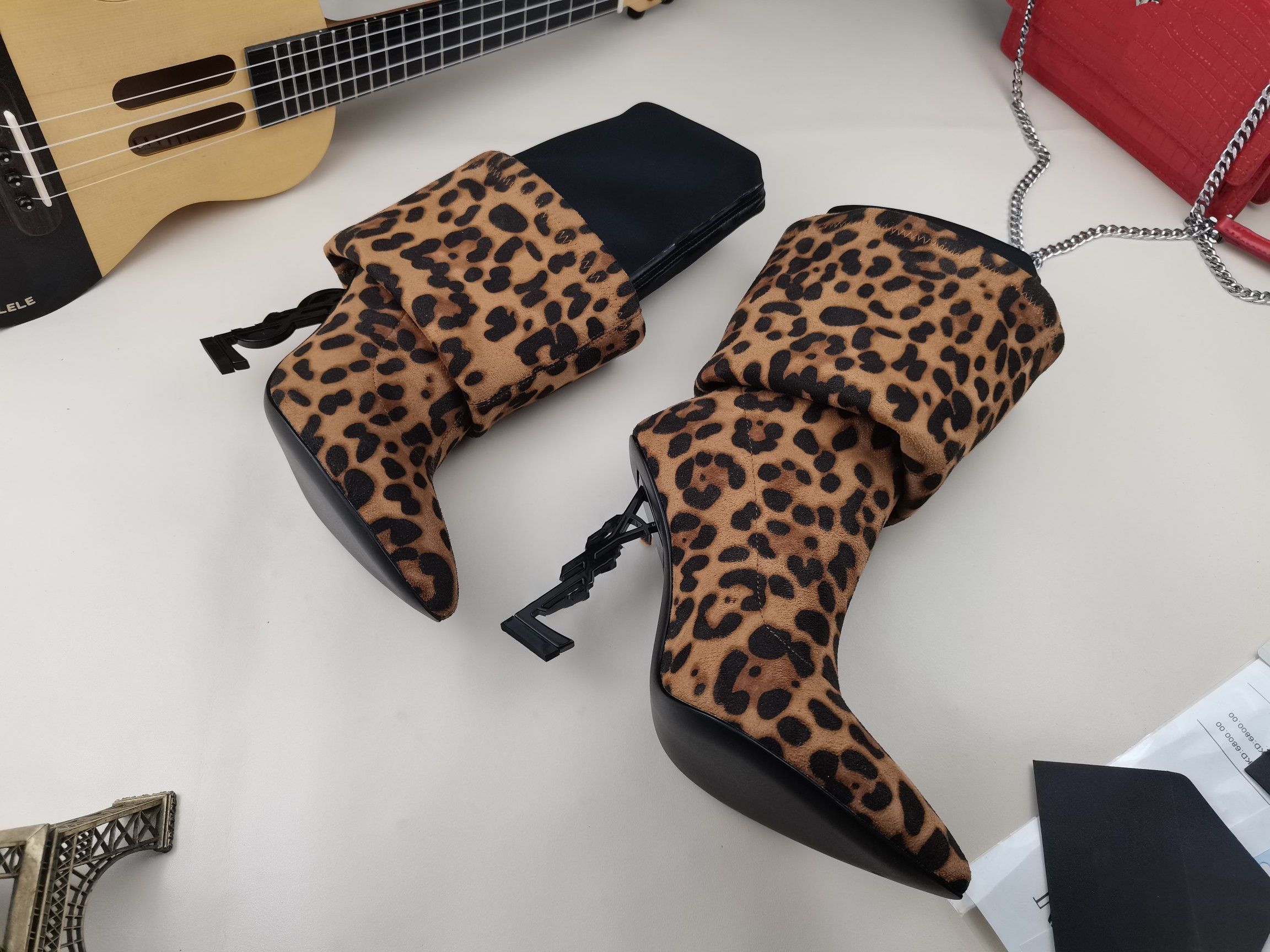 

22ss Leopard boots pattern is slender Autumn and winter letter women's boots original stretch cloth upper heel height 10.5cm Size 35-42, Colour=1