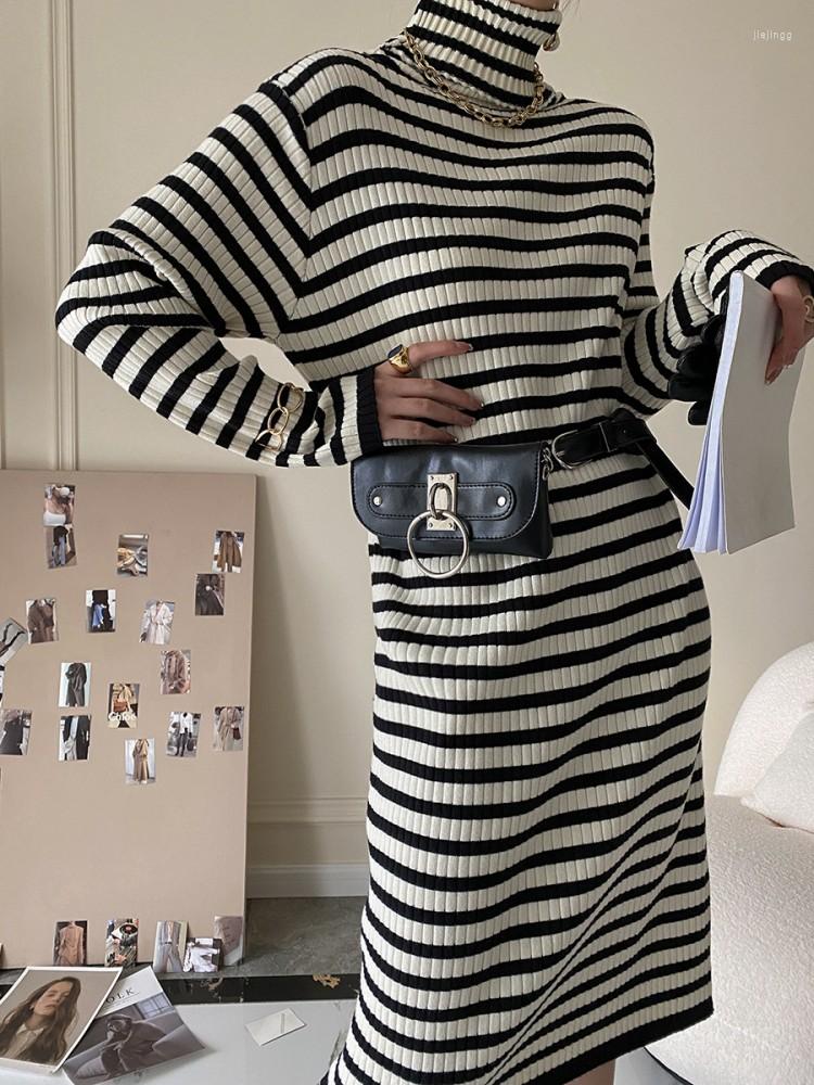 

Casual Dresses Retro Striped Full Sleeve X-long Knit Women's Soft Core Spun Yarn Straight Turtleneck Sweater Dress Without Belt, Beige black