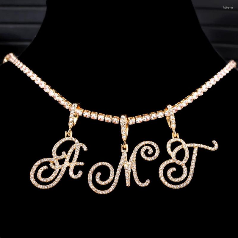 

Chains Flatfoosie Cursive Initial Letter Pendant Zircon Necklace For Women Bling Paved Tennis Chain Hip Hop Jewelry